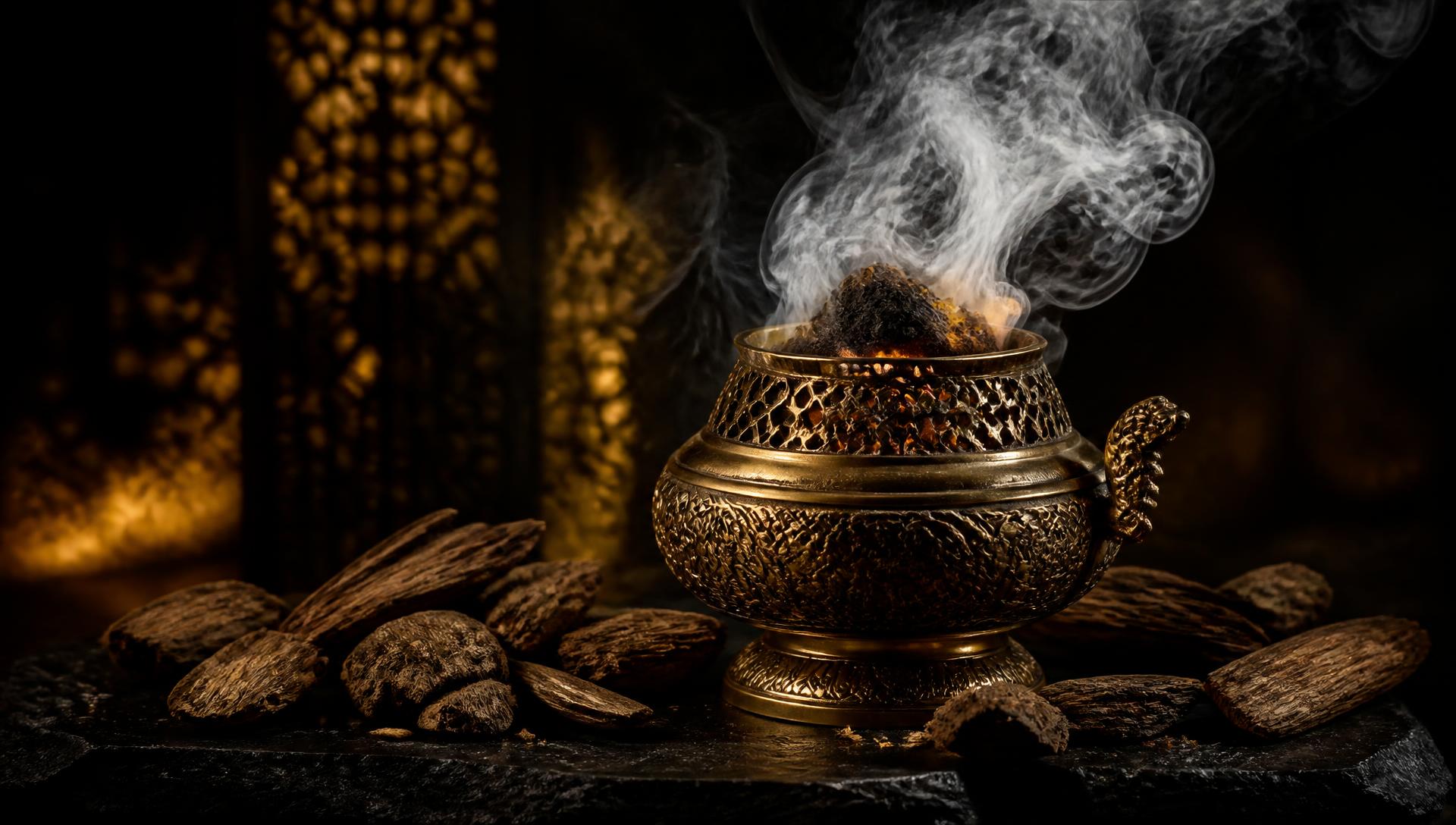 A brass bakhoor burner with glowing coal and rising smoke surrounded by agarwood chips