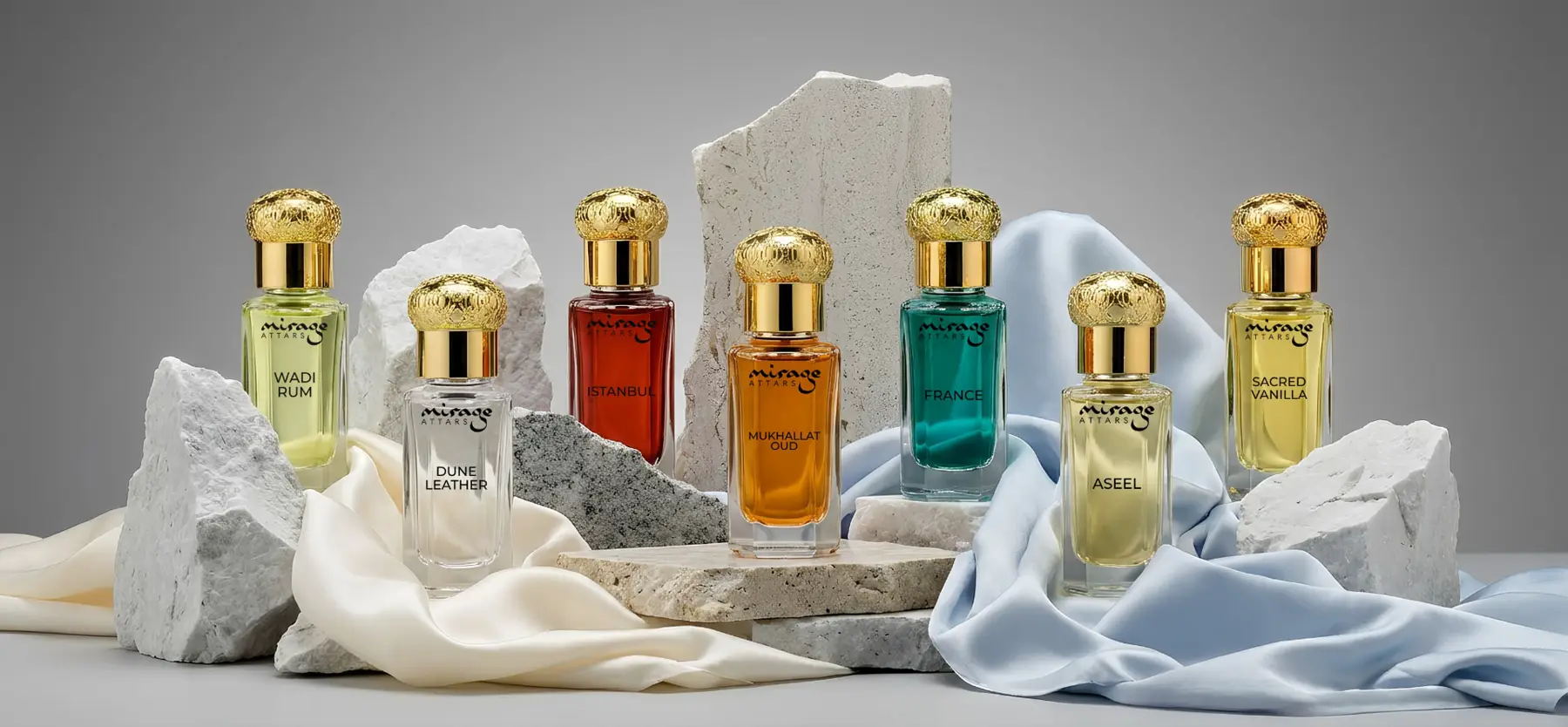 The Mirage Attars collection of attar bottles photographed together